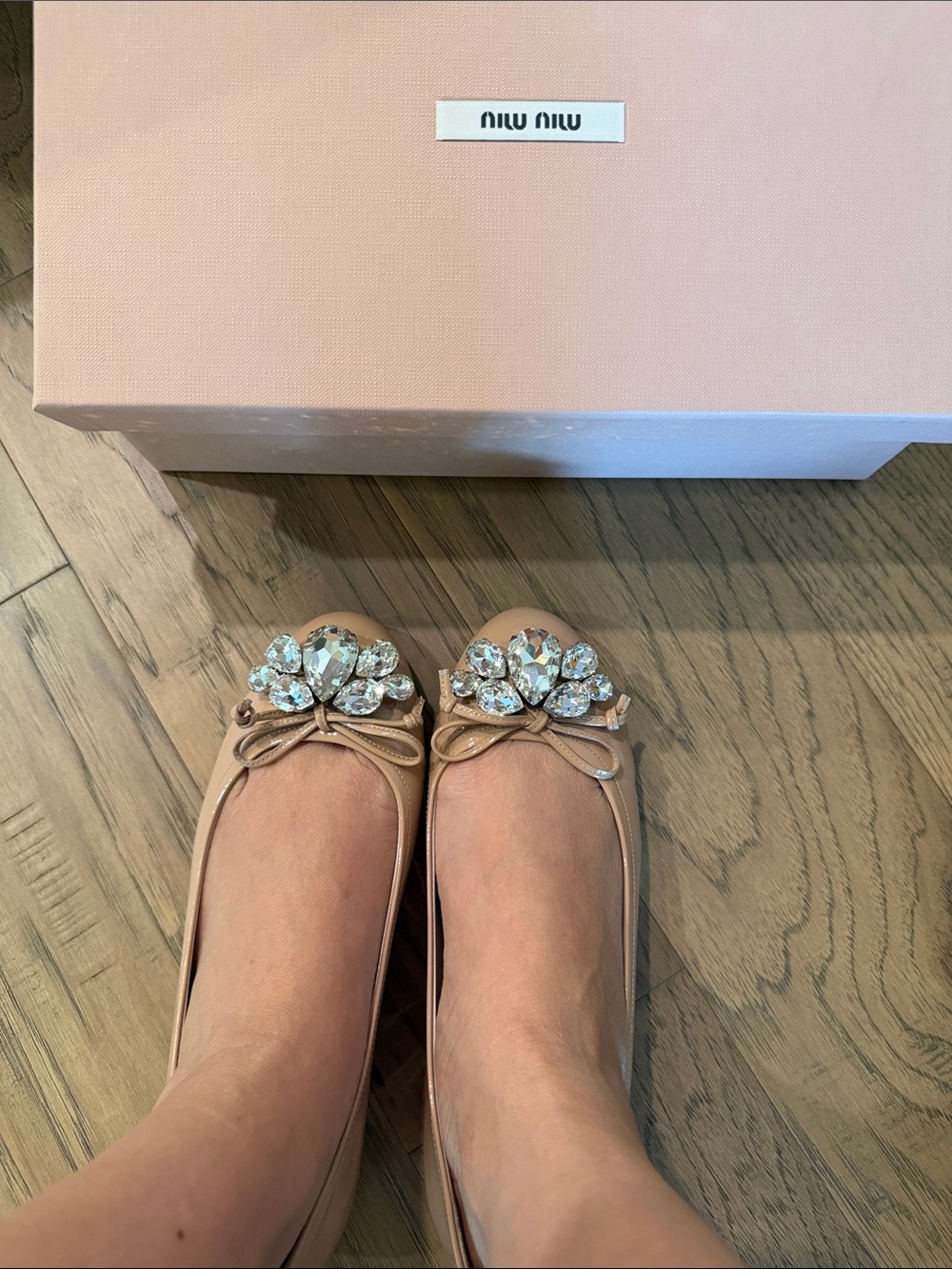 Miu Miu Blush Leather Ballet Flats with Crystal Brooch